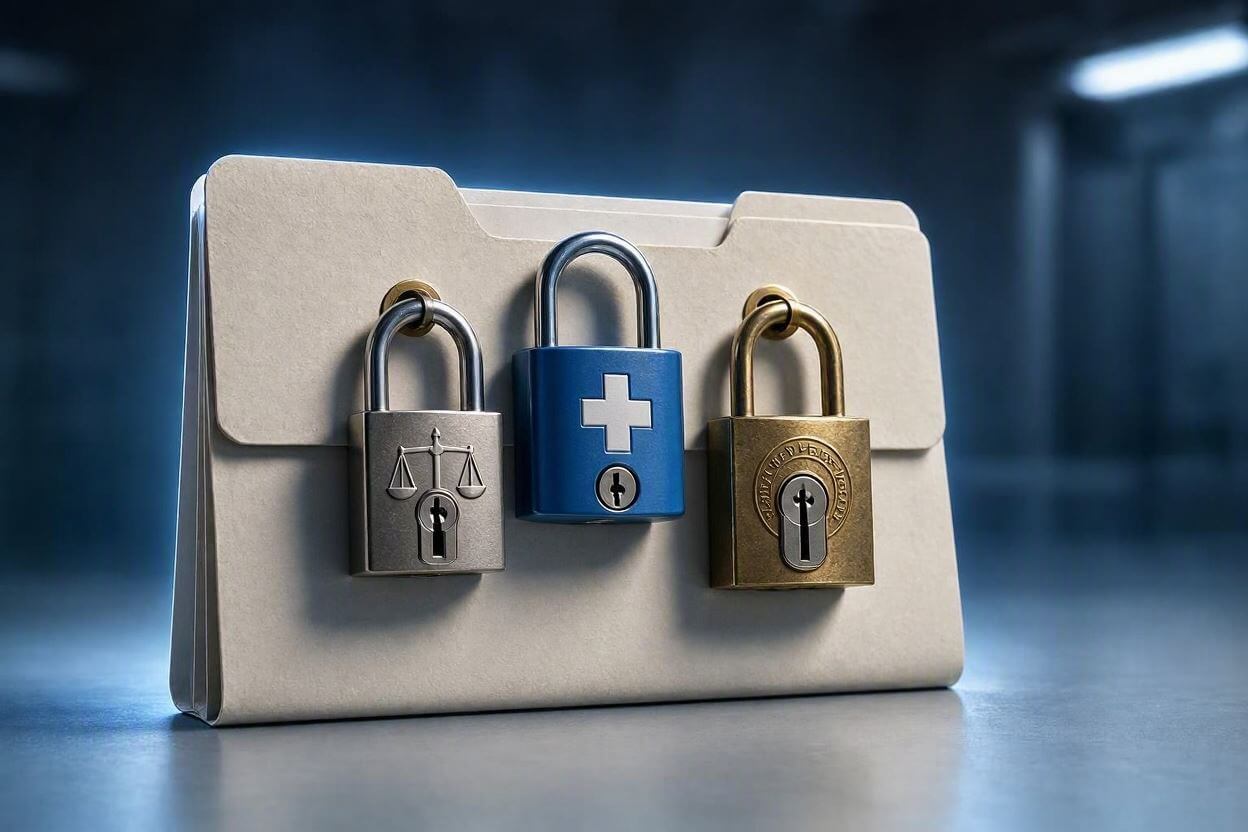 Schematische Darstellung einer Arztpraxis mit Praxisrechner, Patientenakte und Cloud-Backup-Symbol, verbunden durch eine Schweigepflicht-Schlüssel-Grafik, im Hintergrund Paragraph-Symbol mit der Zahl 203