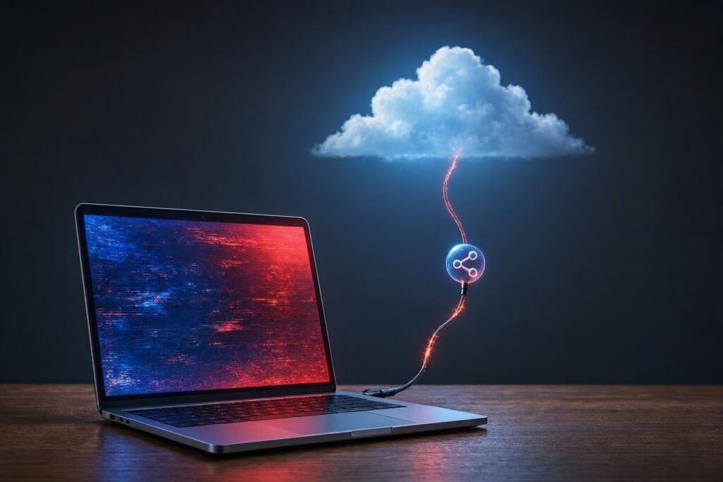 Diagramm des Ransomware-Angriffspfads von der Phishing-Mail über den lokalen Client und OneDrive-Sync bis zur Verteilung über Sharing-Links im Microsoft-365-Tenant