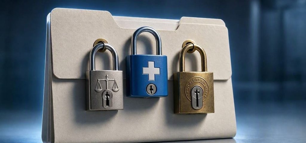 Schematische Darstellung einer Arztpraxis mit Praxisrechner, Patientenakte und Cloud-Backup-Symbol, verbunden durch eine Schweigepflicht-Schlüssel-Grafik, im Hintergrund Paragraph-Symbol mit der Zahl 203